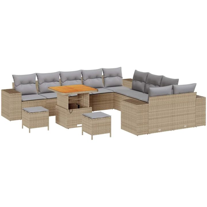 13 Delars Trädgårdsoffagrupp med Kuddar Beige Poly Rattan Akacia vidaXL Stor – bild 2
