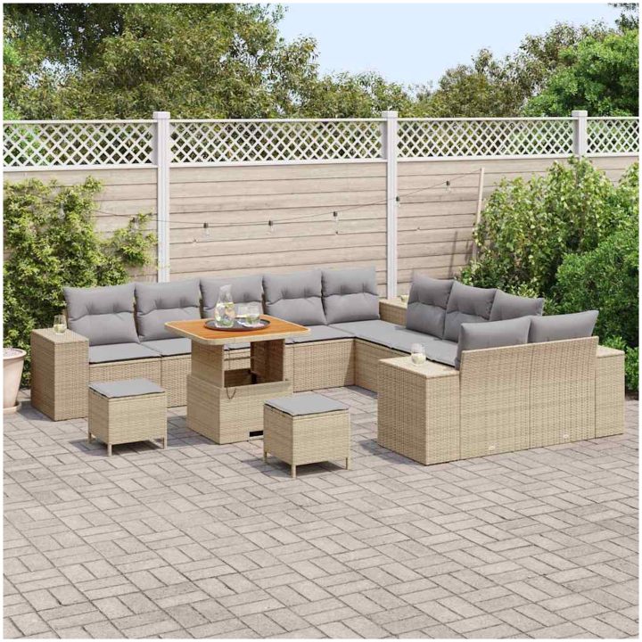 13 Delars Trädgårdsoffagrupp med Kuddar Beige Poly Rattan Akacia vidaXL Stor – bild 3
