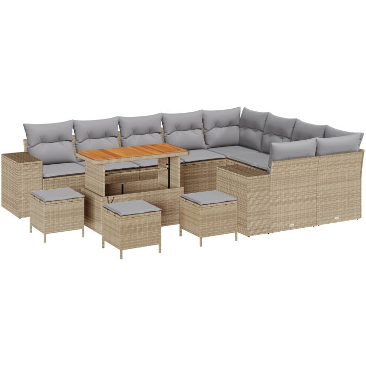 13-delars trädgårdsoffagrupp med kuddar beige poly rattan akacia vidaXL Stort – bild 2