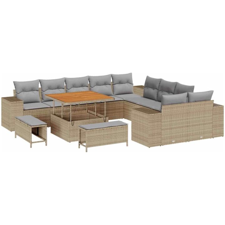 13-delars Trädgårdsoffaset med Dynor Beige Poly Rattan Akacia vidaXL Stor – bild 2