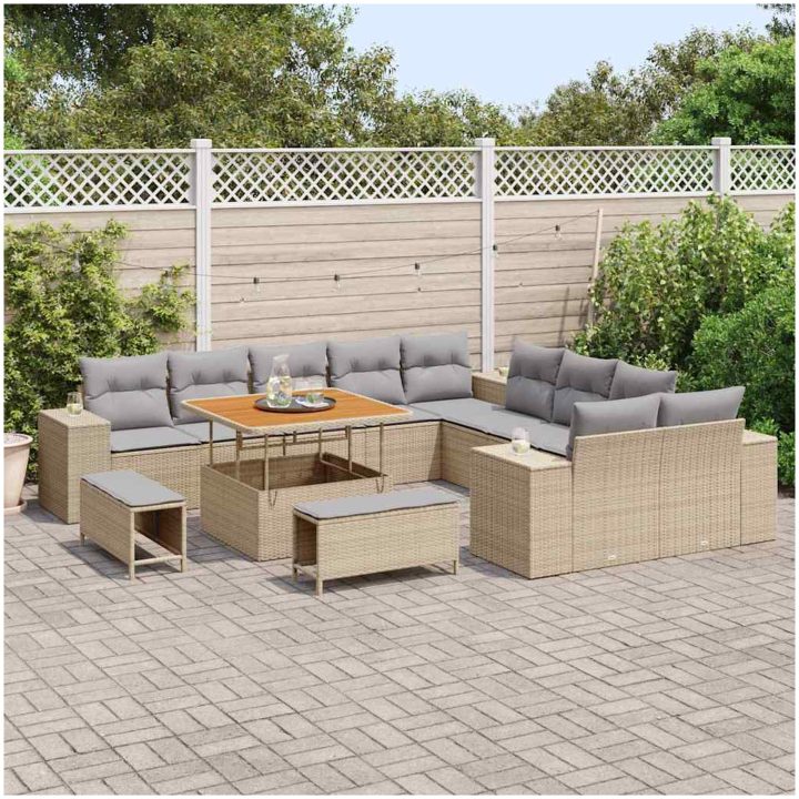 13-delars Trädgårdsoffaset med Dynor Beige Poly Rattan Akacia vidaXL Stor – bild 3