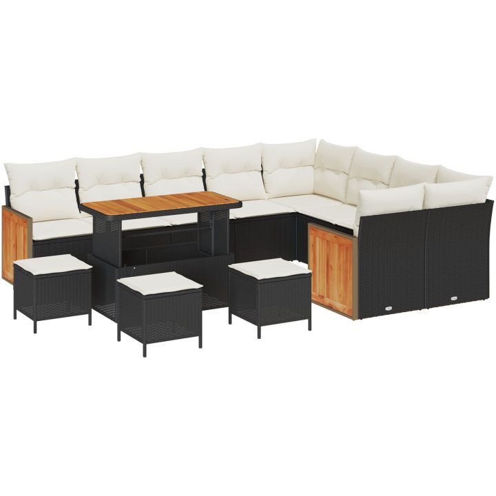 13-delars trädgårdsoffaset med kuddar svarta poly rattan ackacia vidaXL Liten, 2 - Sits, 4 - Sits, 110 cm, 184 x 62 x 85 cm – bild 2