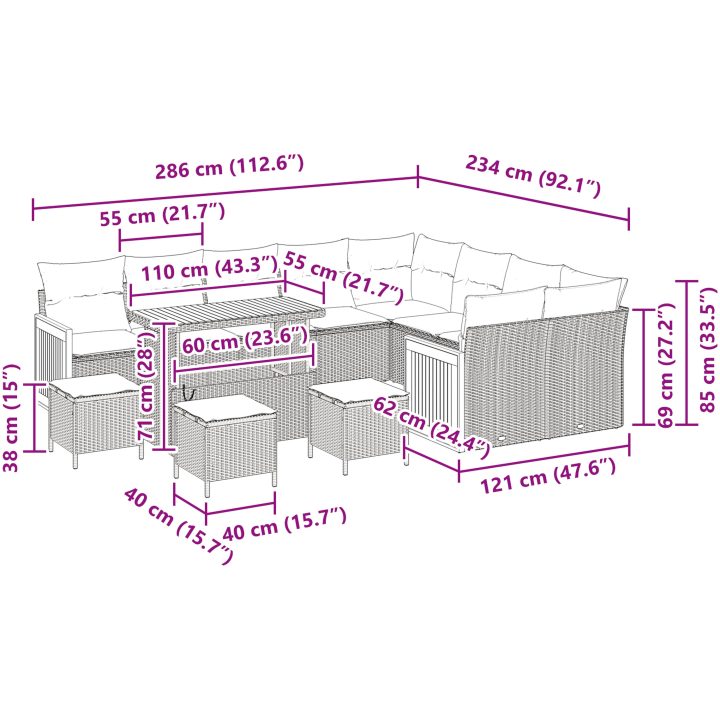 13-delars trädgårdsoffaset med kuddar svarta poly rattan ackacia vidaXL Liten, 2 - Sits, 4 - Sits, 110 cm, 184 x 62 x 85 cm – bild 10
