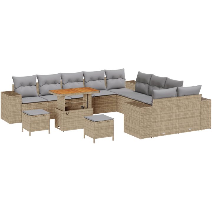 13 Delars trädgårdsoffasett med kuddar beige poly rattan akacia vidaXL Stor – bild 2