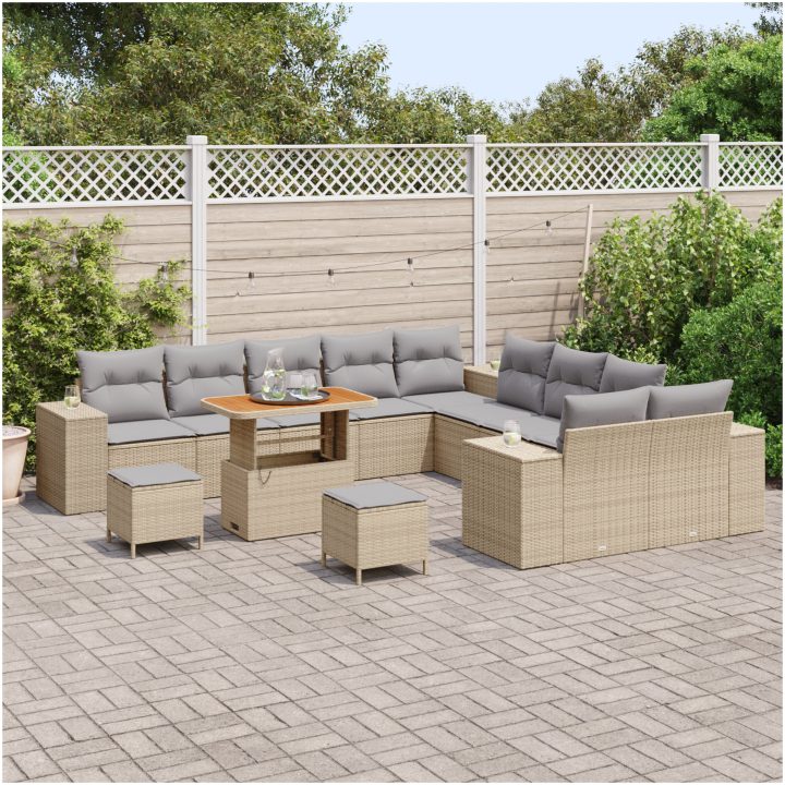 13 Delars trädgårdsoffasett med kuddar beige poly rattan akacia vidaXL Stor – bild 3