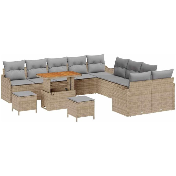 13 Delars Trädgårdsoffasett med Kuddar Beige Polyrotting Akacia vidaXL Stor – bild 2