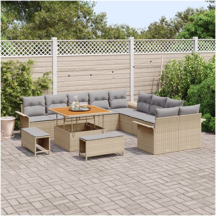 13-delars trädgårdsoffor med kuddar Beige Polyrotting Akacia vidaXL Medium – bild 3