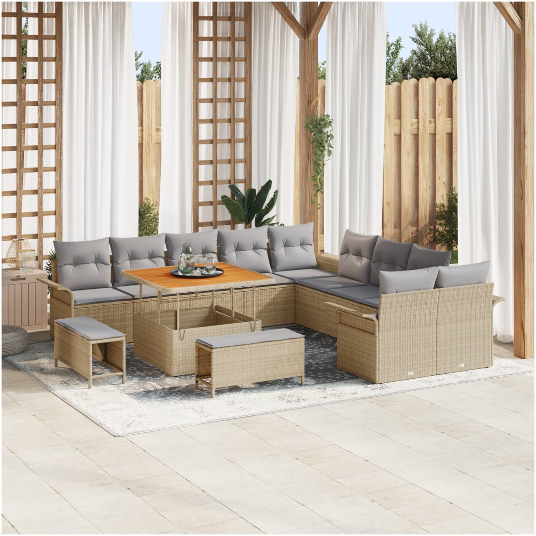 13-delars trädgårdsoffor med kuddar Beige Polyrotting Akacia vidaXL Medium