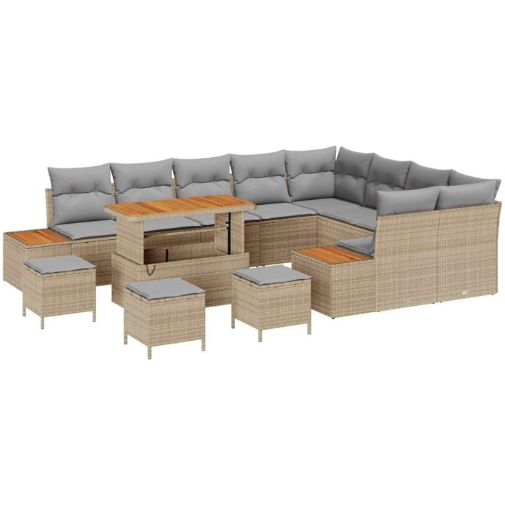 13-delars trädgårdsoffset med kuddar beige konstrotting akacia vidaXL Stor – bild 2