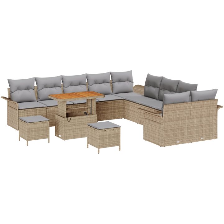 13-delars trädgårdsoffset med kuddar beige poly rattan akaciaträ vidaXL Stor – bild 2