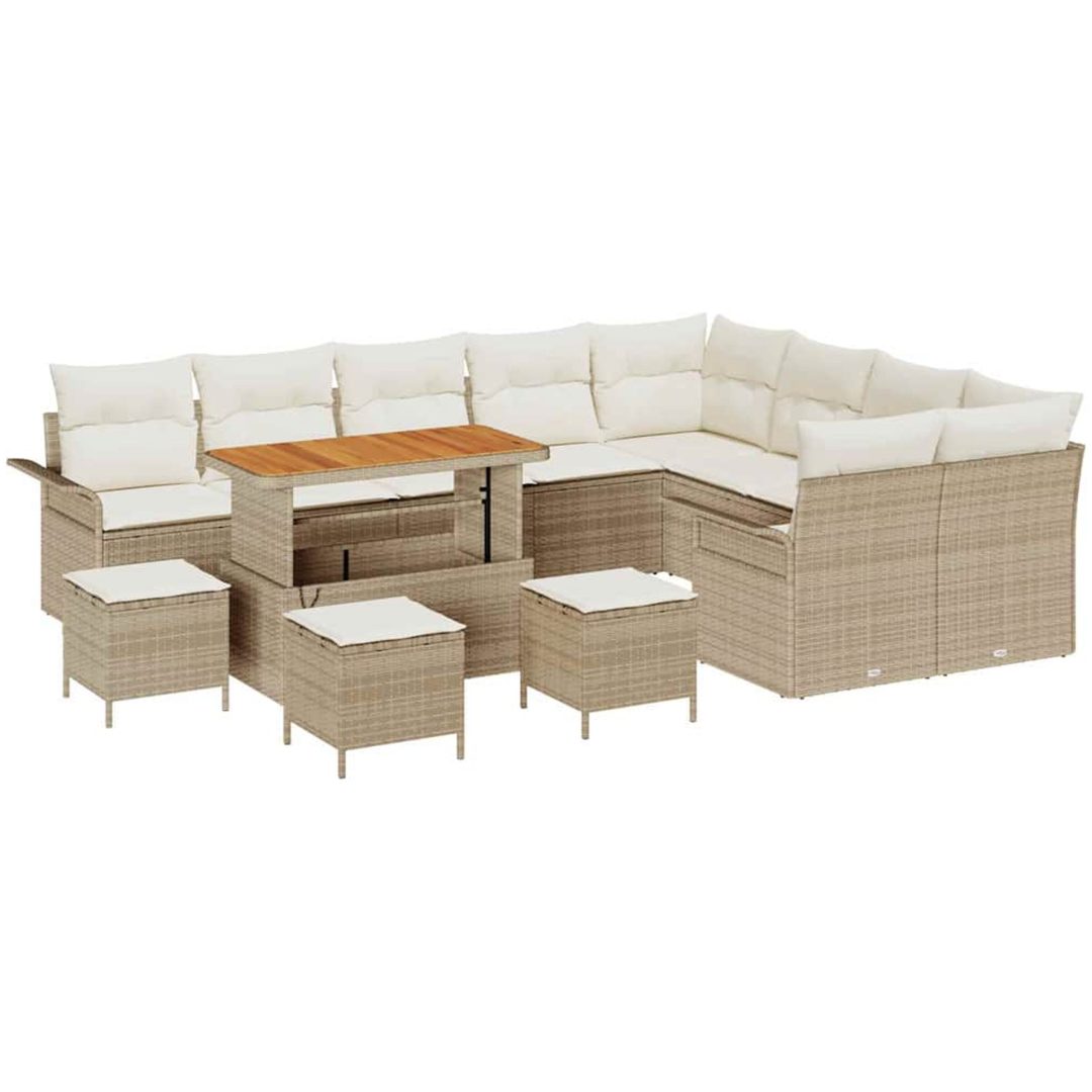 13-delars trädgårdsoffset med kuddar beige poly rotting akacia vidaXL Stor – bild 2