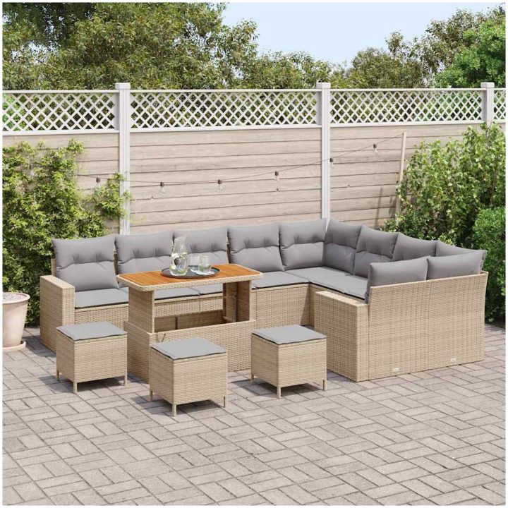 13-delars trädgårdsoffuppsättning med kuddar Beige Poly Rattan Akacia vidaXL Stor – bild 3