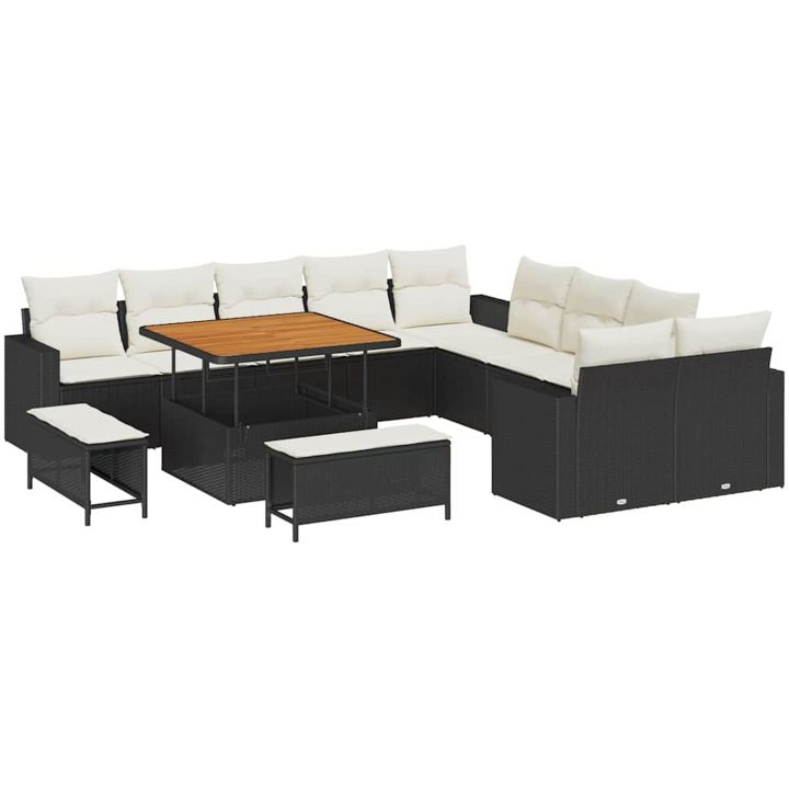 13 Delars Trädgårdssofa Set Med Kuddar Svart Poly Rattan Akacia vidaXL Stor – bild 2