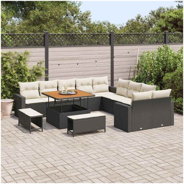 13 Delars Trädgårdssofa Set Med Kuddar Svart Poly Rattan Akacia vidaXL Stor – bild 3