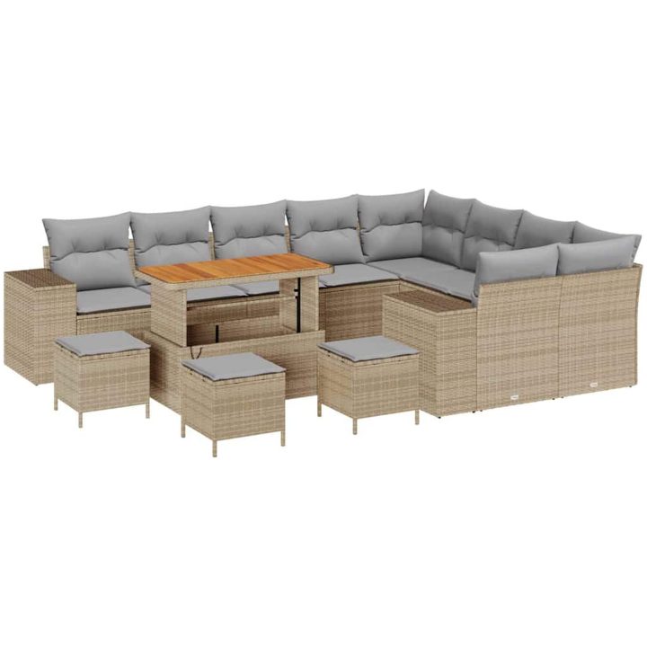 13-delars trädgårdssoffaset med kuddar Beige Poly Rattan Akacia vidaXL Stor – bild 2