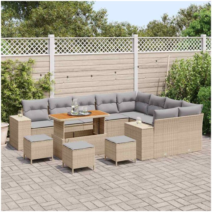 13-delars trädgårdssoffaset med kuddar Beige Poly Rattan Akacia vidaXL Stor – bild 3