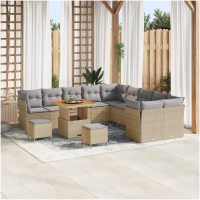 13 Delars Trädgårdssoffset med Kuddar Beige Poly Rattan Akacia vidaXL