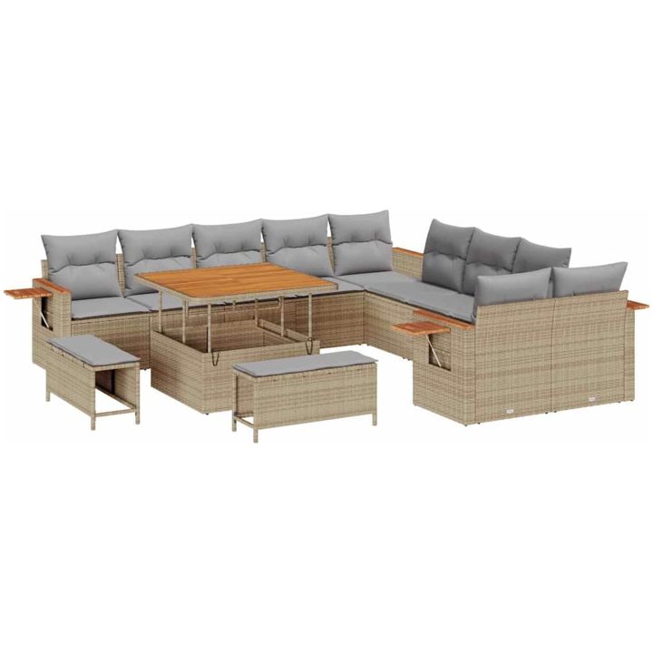13-delars Trädgårdssoffset med Kuddar Beige Poly Rattan Akacia vidaXL Stort – bild 2