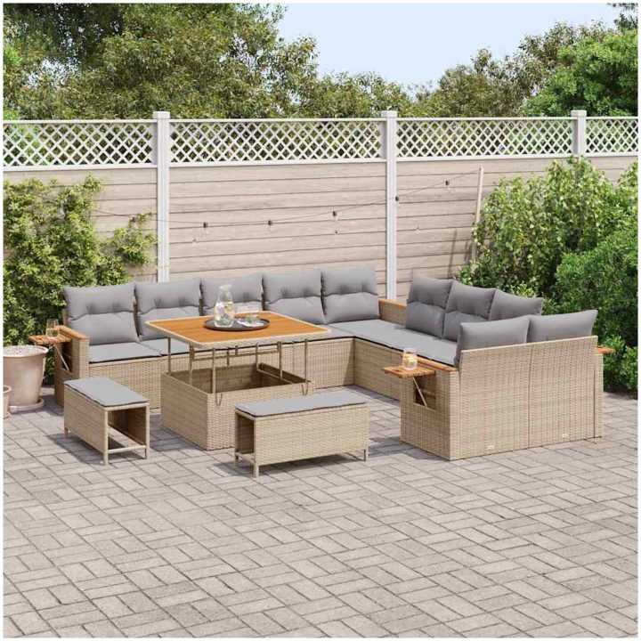 13-delars Trädgårdssoffset med Kuddar Beige Poly Rattan Akacia vidaXL Stort – bild 3