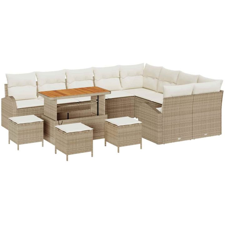 13 Delars Trädgårdssoffset med Kuddar Beige Poly Rottang Akacia vidaXL Stor – bild 2