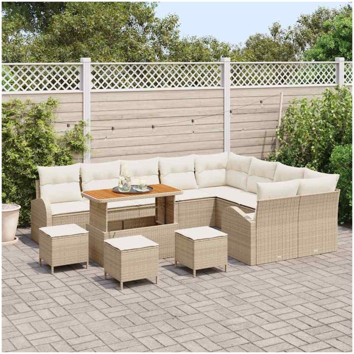 13 Delars Trädgårdssoffset med Kuddar Beige Poly Rottang Akacia vidaXL Stor – bild 3