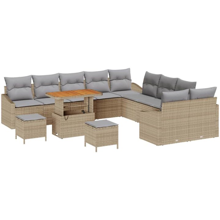 13-delars utesoffa-set med kuddar beige konstrotting akacia vidaXL Stor – bild 2