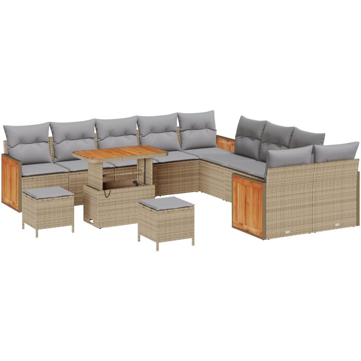 13-delat Trädgårdsofa Set med Kuddar Beige Poly Rattan Akacia vidaXL Stor – bild 2
