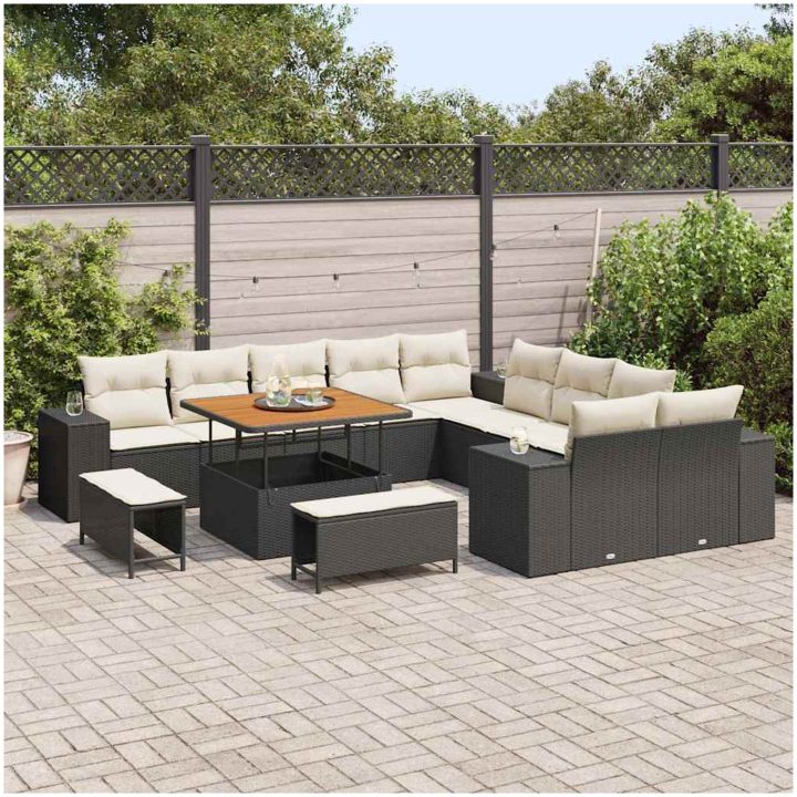13-delat trädgårdsofa set med kuddar svart poly rattan akacia vidaXL Stor – bild 3