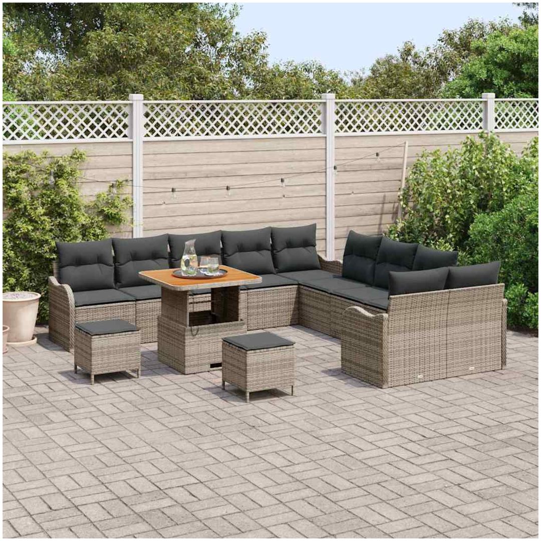 13-delat trädgårdsoff-set med kuddar Grå Poly Rattan Akacia vidaXL Medium – bild 3