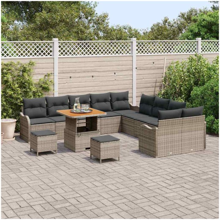 13-delat trädgårdsoff-set med kuddar Grå Poly Rattan Akacia vidaXL Medium – bild 3