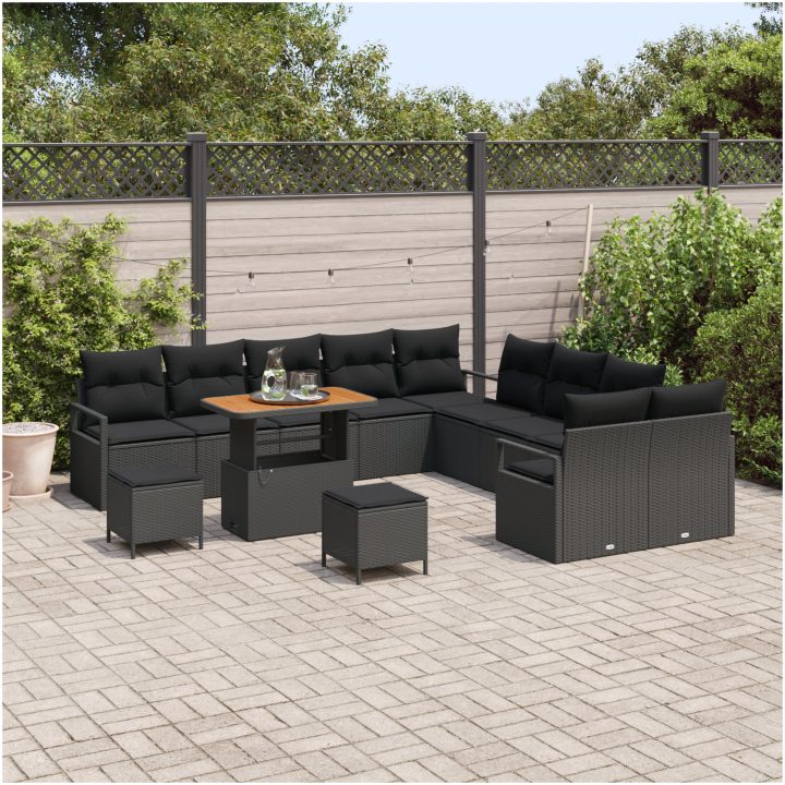 13-delat trädgårdsoff set med kuddar Svart Poly Rattan Akacia vidaXL Stor – bild 3