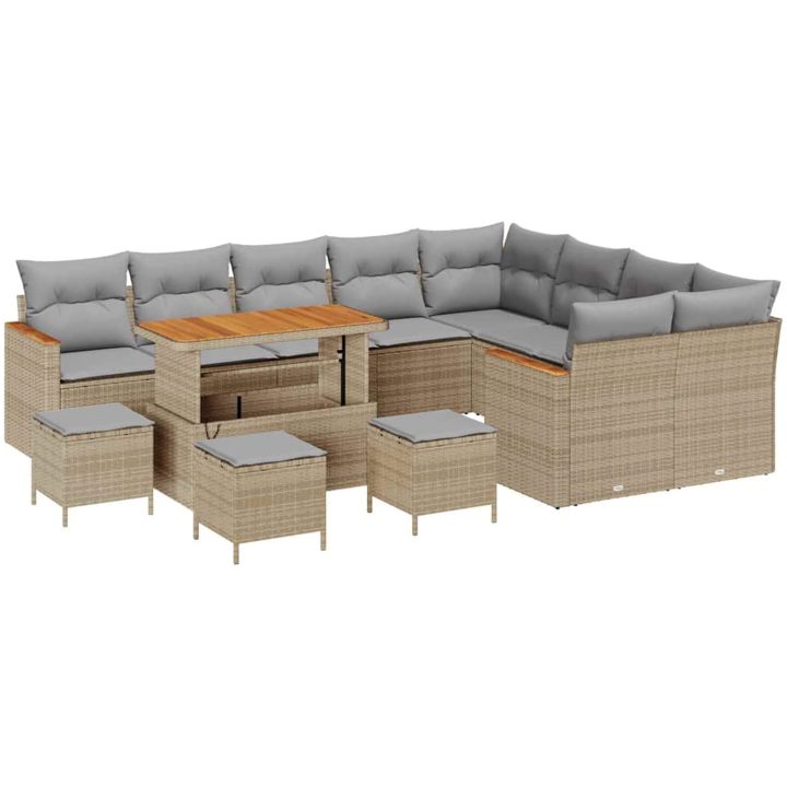 13-delat trädgårdsoffaset med kuddar beige konstrotting akacia vidaXL Stor – bild 2