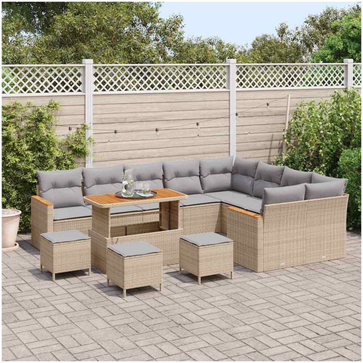 13-delat trädgårdsoffaset med kuddar beige konstrotting akacia vidaXL Stor – bild 3