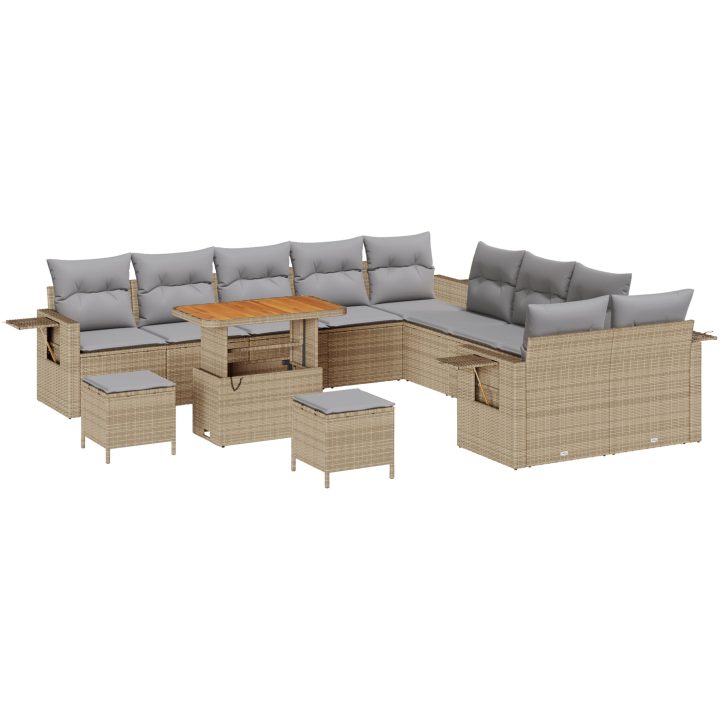 13-delat trädgårdsoffaset med kuddar i beige poly rattan och akacia. vidaXL Medium – bild 2