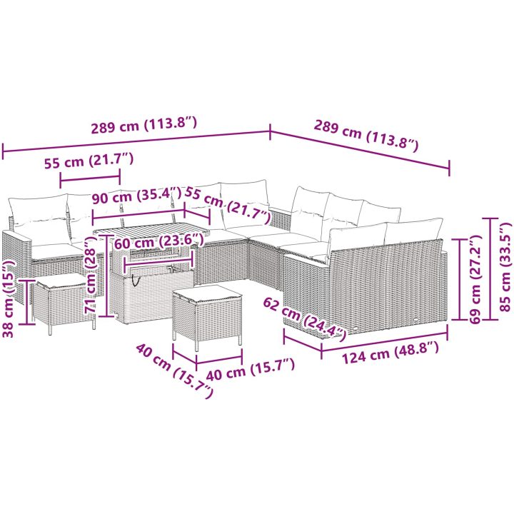 13-delat trädgårdsoffaset med kuddar Svart Poly Rattan Acacia vidaXL Stor – bild 11