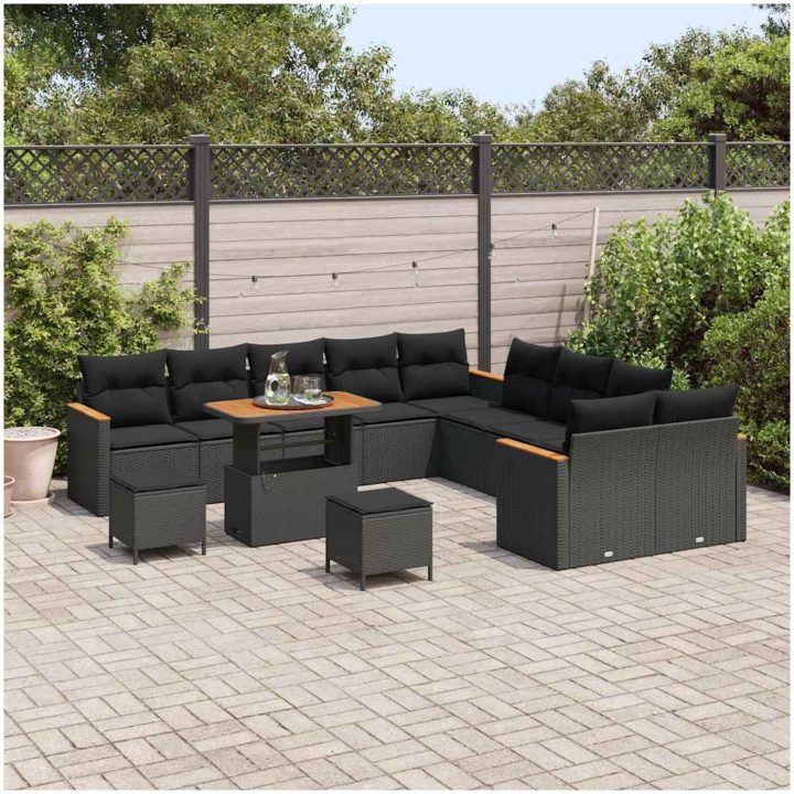 13-delat trädgårdsoffaset med kuddar Svart Poly Rattan Acacia vidaXL Stor – bild 3