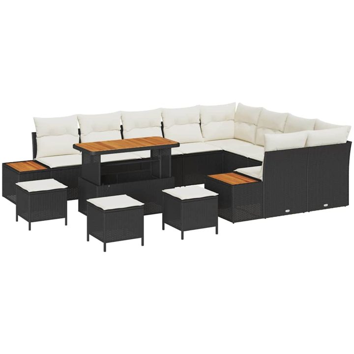 13-delat trädgårdsoffaset med kuddar svart poly rattan akacia vidaXL Stor – bild 2