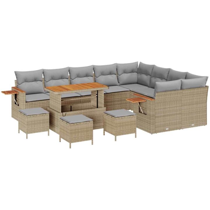 13-delat Trädgårdsoffset med Kuddar Beige Poly Rattan Akacia vidaXL Stor – bild 2