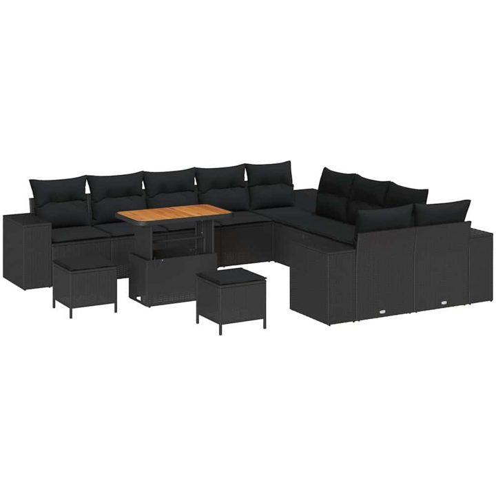 13-delat trädgårdsoffset med kuddar svart poly rattan akacia vidaXL Stor – bild 2