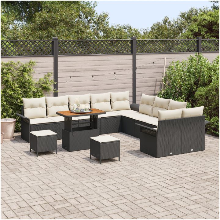 13 Delat Trädgårdssoffa Set med Kuddar Svart Poly Rattan Akacia vidaXL Stor – bild 3
