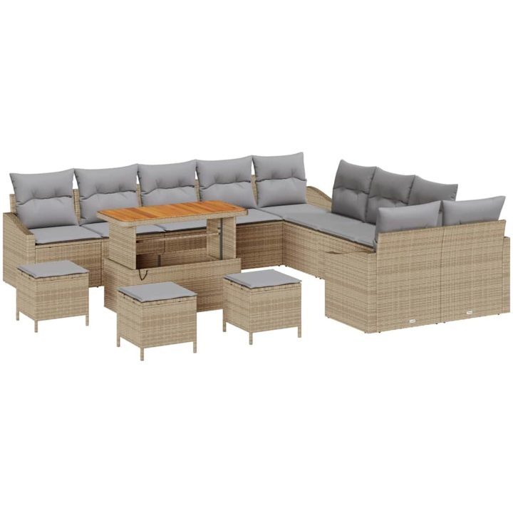 14-delad Trädgårdsoffagrupp med Kuddar Beige Poly Rattan Akacia vidaXL Stor – bild 2