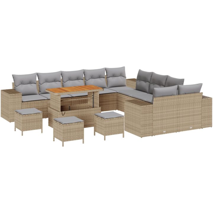 14-delad trädgårdsoffasett med kuddar Beige Poly Rattan Akacia vidaXL Stor – bild 2