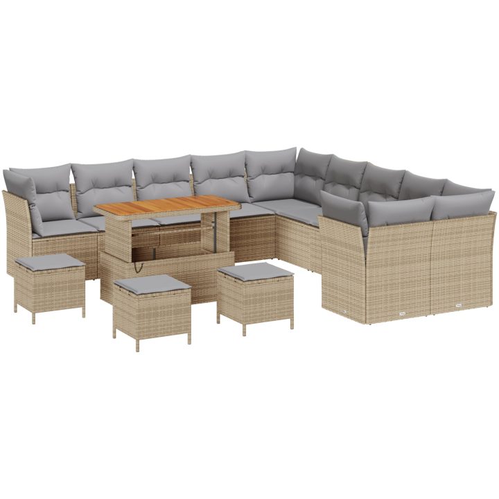 14-delad trädgårdsoffset med kuddar Beige Poly Rattan Akacia vidaXL Stor – bild 2