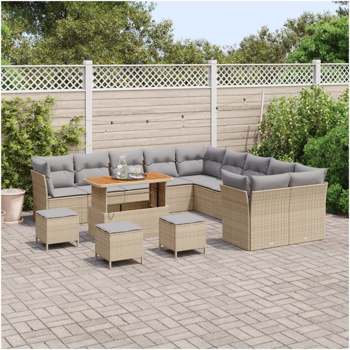 14-delad trädgårdsoffset med kuddar Beige Poly Rattan Akacia vidaXL Stor – bild 3