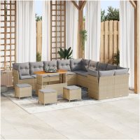 14-delad trädgårdsoffset med kuddar Beige Poly Rattan Akacia vidaXL
