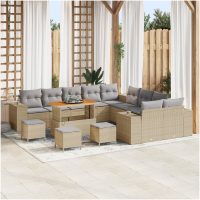 14 Delar Trädgårdsoff set med kuddar Beige Poly Rattan Akacia vidaXL