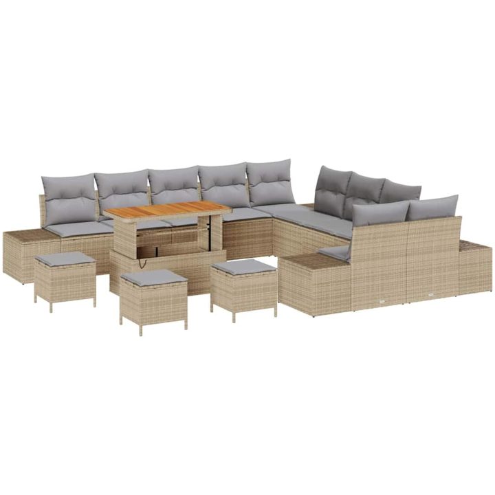 14 DELAR Trädgårdsoffa Set med Dynor Beige Polyrotting Akacia vidaXL 184 x 61 x 69 cm, 3 - Sits, 110 cm – bild 2