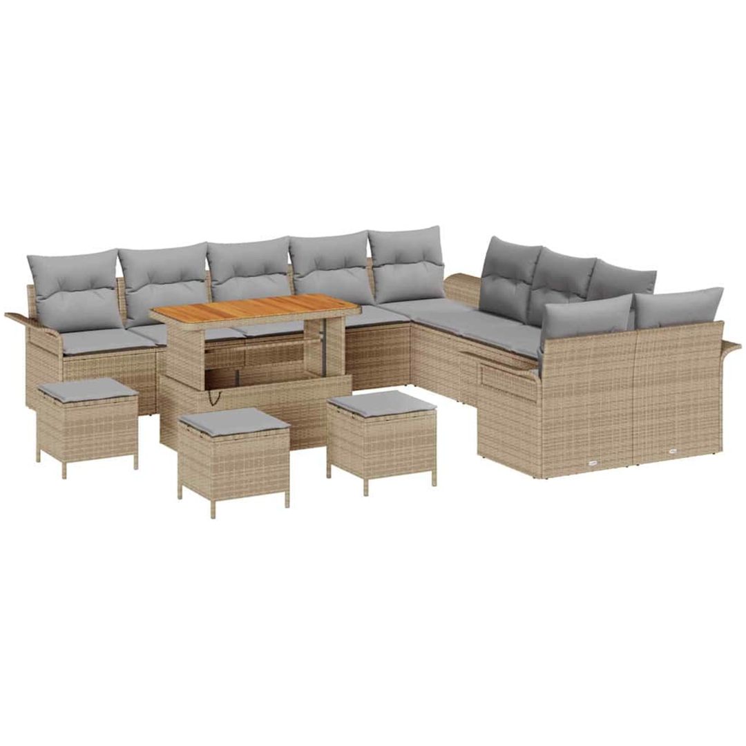 14-delars trädgårdsofa set med kuddar beige polyrotting akacia vidaXL Större – bild 2