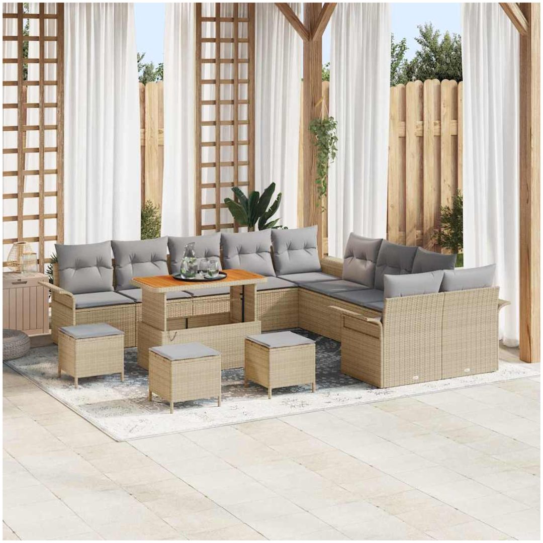 14-delars trädgårdsofa set med kuddar beige polyrotting akacia vidaXL Större