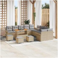 14-delars trädgårdsofa set med kuddar beige polyrotting akacia vidaXL